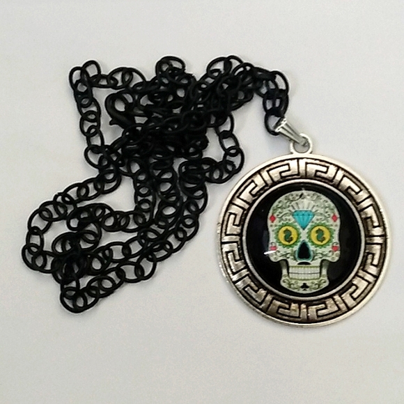 Handmade Sugar Skull Cabochon Aztec Pendant on 24" Black Chain Necklace - Picture 3 of 3